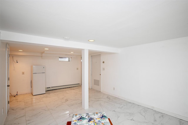 6 Willow Dr, Massapequa Park, NY 11762 - finished below grade area featuring freestanding refrigerator, a baseboard heating unit, recessed lighting, light marble finish floors, and baseboards