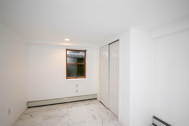 6 Willow Dr, Massapequa Park, NY 11762 - unfurnished bedroom featuring a baseboard heating unit, light marble finish floors, a closet, and recessed lighting