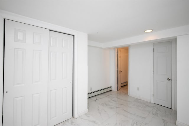 6 Willow Dr, Massapequa Park, NY 11762 - unfurnished bedroom with a baseboard radiator, light marble finish flooring, baseboards, recessed lighting, and a closet