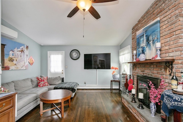6 Willow Dr, Massapequa Park, NY 11762 - living room with a baseboard radiator, ceiling fan, a brick fireplace, wood finished floors, and lofted ceiling