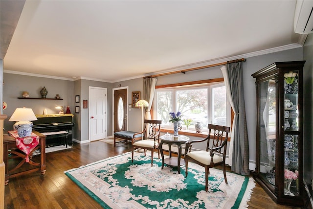 6 Willow Dr, Massapequa Park, NY 11762 - dining area with a wall unit AC, crown molding, wood finished floors, and baseboards