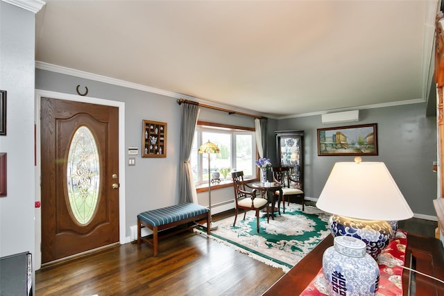 6 Willow Dr, Massapequa Park, NY 11762 - entryway with wood finished floors, ornamental molding, a wall mounted air conditioner, and baseboards