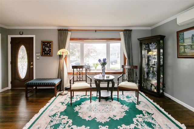 6 Willow Dr, Massapequa Park, NY 11762 - dining space with a wall mounted air conditioner, crown molding, baseboard heating, wood finished floors, and baseboards