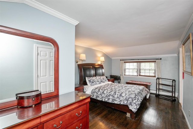 6 Willow Dr, Massapequa Park, NY 11762 - bedroom featuring ornamental molding, dark wood-style floors, baseboards, lofted ceiling, and a baseboard heating unit