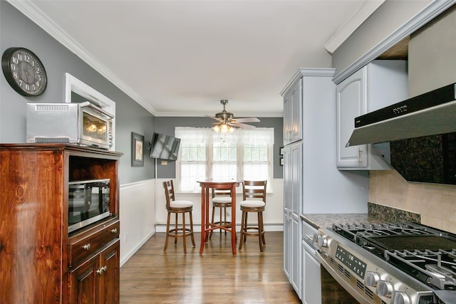 6 Willow Dr, Massapequa Park, NY 11762 - kitchen with stainless steel appliances, wood finished floors, a ceiling fan, ornamental molding, and under cabinet range hood