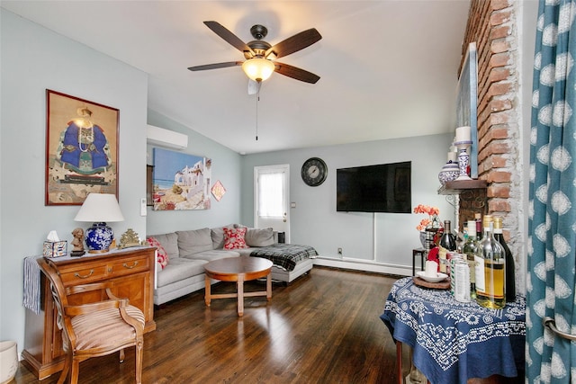 6 Willow Dr, Massapequa Park, NY 11762 - living room with lofted ceiling, baseboard heating, a ceiling fan, and wood finished floors