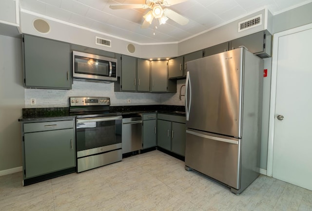 6 Knolls Rd, Poughkeepsie, NY 12601 - kitchen featuring appliances with stainless steel finishes, dark countertops, a ceiling fan, and tasteful backsplash