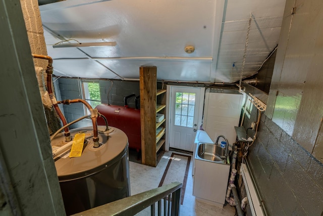 6 Knolls Rd, Poughkeepsie, NY 12601 - interior space with water heater, a sink, and concrete block wall