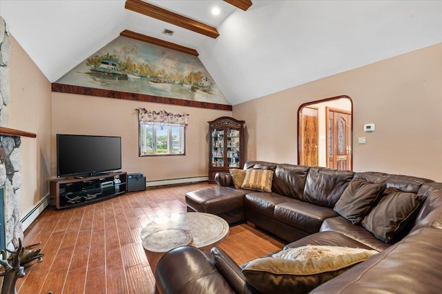 4520 Merrick Rd, Massapequa, NY 11758 - living area featuring baseboard heating, wood finished floors, high vaulted ceiling, and beam ceiling