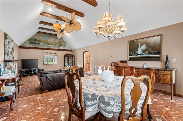 4520 Merrick Rd, Massapequa, NY 11758 - dining room with a chandelier, a ceiling fan, and baseboards