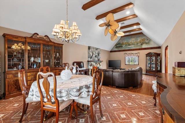 4520 Merrick Rd, Massapequa, NY 11758 - tiled dining area with vaulted ceiling, a chandelier, and ceiling fan