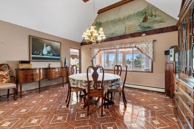 4520 Merrick Rd, Massapequa, NY 11758 - dining area featuring a baseboard radiator, a chandelier, baseboards, and high vaulted ceiling