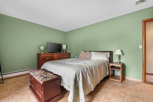 4520 Merrick Rd, Massapequa, NY 11758 - bedroom with a baseboard radiator, light tile patterned floors, and baseboards