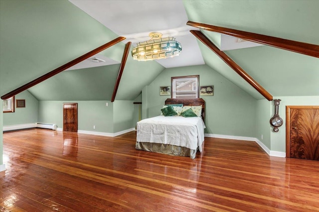 4520 Merrick Rd, Massapequa, NY 11758 - bedroom with a baseboard heating unit, hardwood / wood-style flooring, lofted ceiling, and baseboards