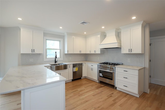 482 S 5th St, Lindenhurst, NY 11757 - kitchen featuring custom exhaust hood, stainless steel appliances, a sink, a peninsula, and white cabinets