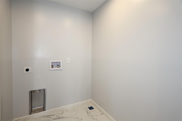 482 S 5th St, Lindenhurst, NY 11757 - laundry room with hookup for an electric dryer, hookup for a washing machine, light marble finish flooring, and baseboards