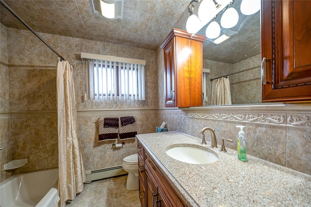 50 W Hampton Rd, Lindenhurst, NY 11747 - bathroom featuring a baseboard radiator, vanity, toilet, shower / tub combo with curtain, and tile patterned floors