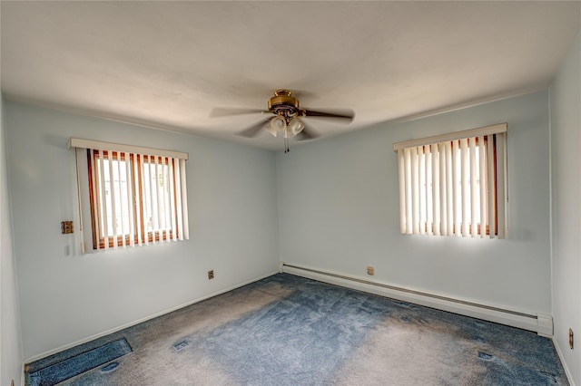 50 W Hampton Rd, Lindenhurst, NY 11747 - empty room featuring a baseboard radiator, dark carpet, a ceiling fan, and baseboards