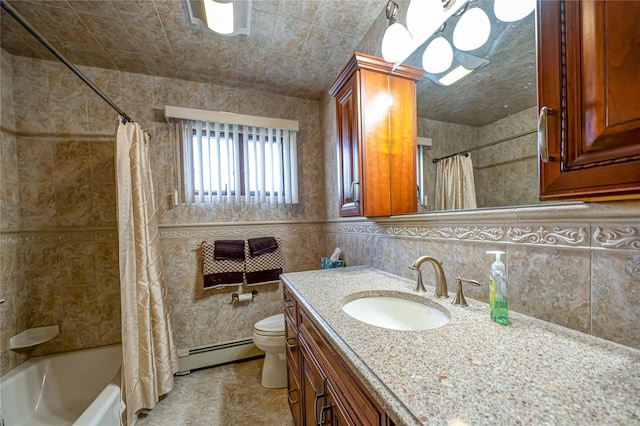 50 W Hampton Rd, Lindenhurst, NY 11747 - bathroom featuring a baseboard heating unit, vanity, toilet, shower / bath combination with curtain, and tile patterned floors