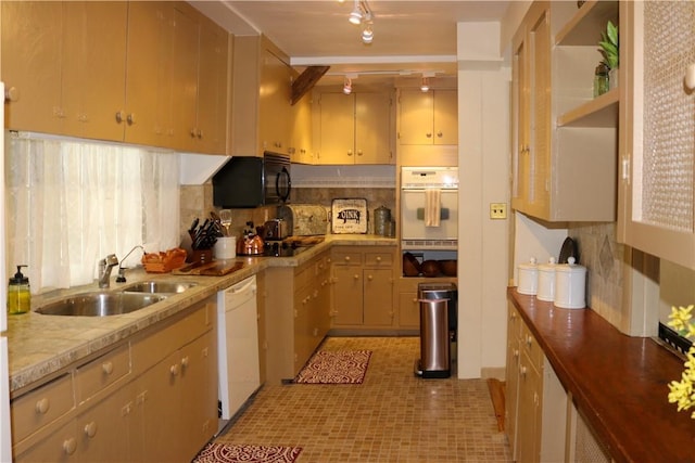 763 Old State Route 22, Dover Plains, NY 12522 - kitchen with white appliances, a sink, backsplash, light countertops, and light floors