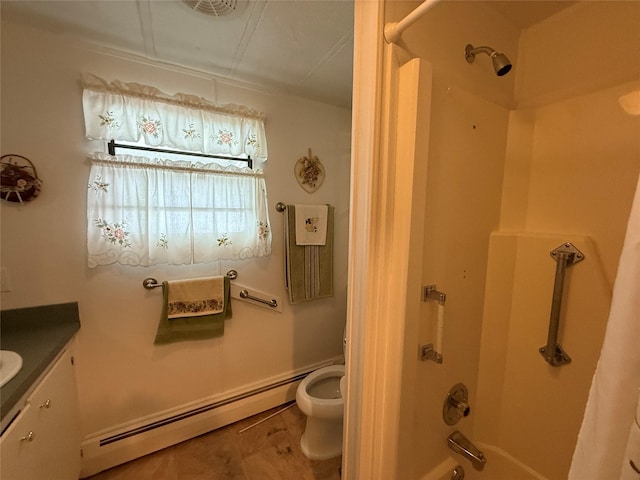 305 Brittany Ter Unit 305, Rock Tavern, NY 12575 - full bathroom featuring a baseboard heating unit, vanity, toilet, and shower / bath combo