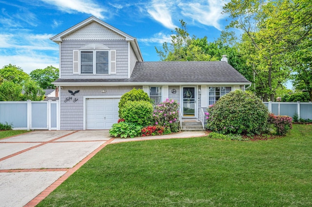 56 15th St, West Babylon, NY 11704 - view of front of home featuring an attached garage, concrete driveway, roof with shingles, and a chimney