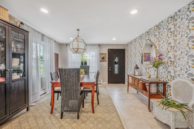 56 15th St, West Babylon, NY 11704 - dining area featuring wallpapered walls, recessed lighting, baseboards, and light tile patterned flooring