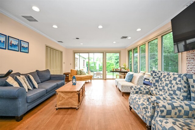 1608 Union Ave Unit 1608, Hewlett, NY 11557 - living area with crown molding, light wood-style flooring, plenty of natural light, and recessed lighting