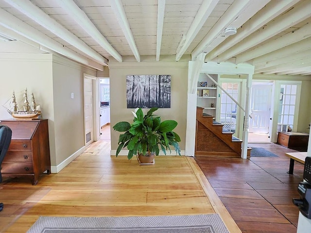 120 Spring Glen Rd, Mountain Dale, NY 12763 - dining room with hardwood / wood-style flooring, stairs, and beamed ceiling