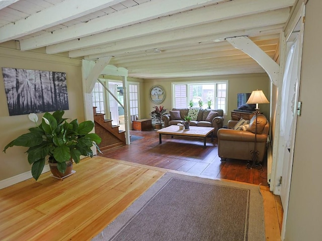 120 Spring Glen Rd, Mountain Dale, NY 12763 - living area with hardwood / wood-style floors, stairway, and a wooden ceiling with exposed beams
