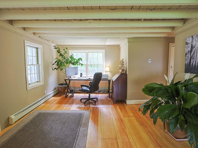 120 Spring Glen Rd, Mountain Dale, NY 12763 - office space with a baseboard heating unit, light wood finished floors, and beamed ceiling