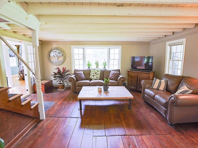 120 Spring Glen Rd, Mountain Dale, NY 12763 - living room with dark wood-type flooring, beamed ceiling, and stairs