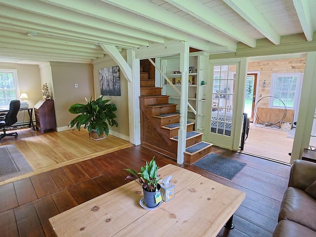 120 Spring Glen Rd, Mountain Dale, NY 12763 - living area featuring wood-type flooring, stairway, an office area, ornate columns, and beamed ceiling