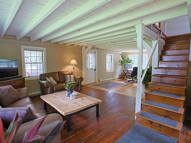 120 Spring Glen Rd, Mountain Dale, NY 12763 - living room featuring baseboard heating, wood-type flooring, stairs, and beamed ceiling
