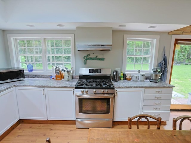 120 Spring Glen Rd, Mountain Dale, NY 12763 - kitchen with appliances with stainless steel finishes, under cabinet range hood, light wood-style flooring, and white cabinetry