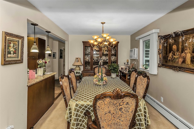 1150 Langdon St, Franklin Square, NY 11010 - dining room with a baseboard radiator, a chandelier, a wall mounted AC, and baseboards