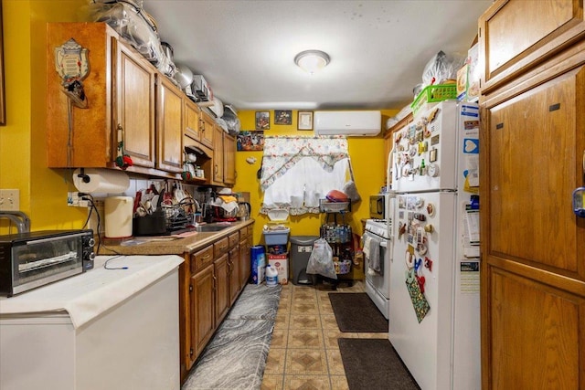 2722 Barnes Ave, Bronx, NY 10467 - kitchen with white appliances, an AC wall unit, brown cabinetry, light countertops, and a sink