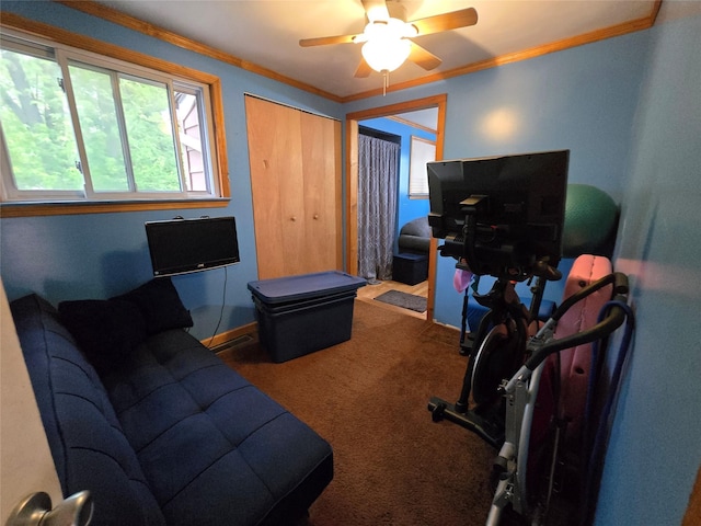 2905 Heather Ave, Medford, NY 11763 - carpeted home office with ceiling fan and crown molding