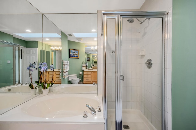 19 Hampshire Ct, Holbrook, NY 11741 - bathroom with a shower stall, a garden tub, vanity, toilet, and a chandelier