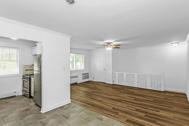 78-07 Springfield Blvd Unit B, Bayside, NY 11364 - unfurnished living room with radiator, ceiling fan, an AC wall unit, crown molding, and dark wood-style floors