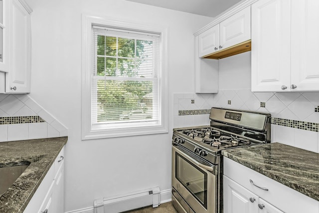 78-07 Springfield Blvd Unit B, Bayside, NY 11364 - kitchen featuring stainless steel gas range oven, a baseboard heating unit, backsplash, and healthy amount of natural light