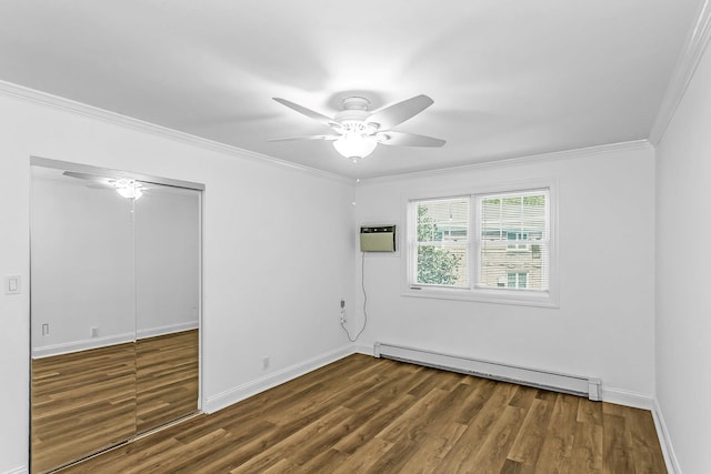 78-07 Springfield Blvd Unit B, Bayside, NY 11364 - empty room featuring a baseboard heating unit, a ceiling fan, wood finished floors, crown molding, and a wall mounted AC
