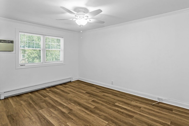 78-07 Springfield Blvd Unit B, Bayside, NY 11364 - unfurnished room featuring a baseboard heating unit, dark wood-style flooring, crown molding, a ceiling fan, and a wall unit AC