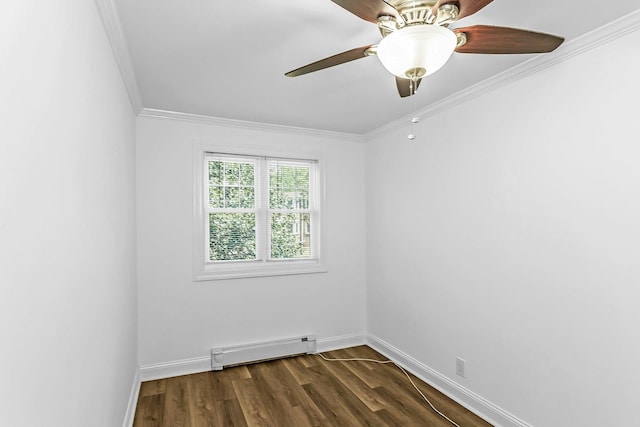 78-07 Springfield Blvd Unit B, Bayside, NY 11364 - unfurnished room featuring a baseboard heating unit, ornamental molding, dark wood-type flooring, and a ceiling fan