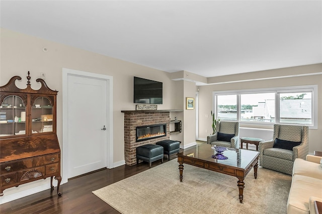 433 Main St Unit 203, Port Washington, NY 11050 - living room featuring wood finished floors, a fireplace, and baseboards