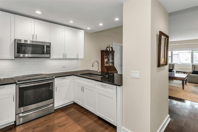 433 Main St Unit 203, Port Washington, NY 11050 - kitchen with stainless steel appliances, a sink, dark wood finished floors, dark countertops, and recessed lighting