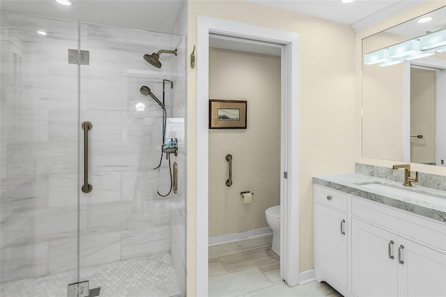 433 Main St Unit 203, Port Washington, NY 11050 - full bathroom featuring a shower stall, toilet, vanity, and recessed lighting