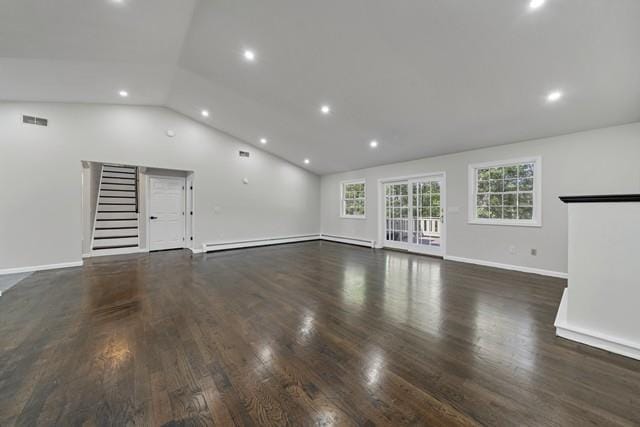 65 Old Cahoonzie Rd, Sparrowbush, NY 12780 - unfurnished living room featuring wood finished floors, vaulted ceiling, recessed lighting, stairway, and a baseboard heating unit