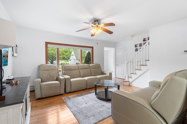 6 Cinque Dr, Farmingdale, NY 11735 - living area featuring ceiling fan, light wood-style floors, and stairway