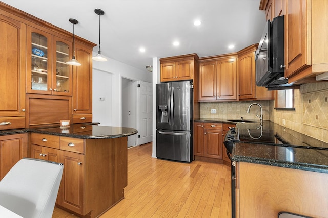 6 Cinque Dr, Farmingdale, NY 11735 - kitchen featuring stainless steel refrigerator with ice dispenser, a sink, brown cabinetry, electric range, and recessed lighting